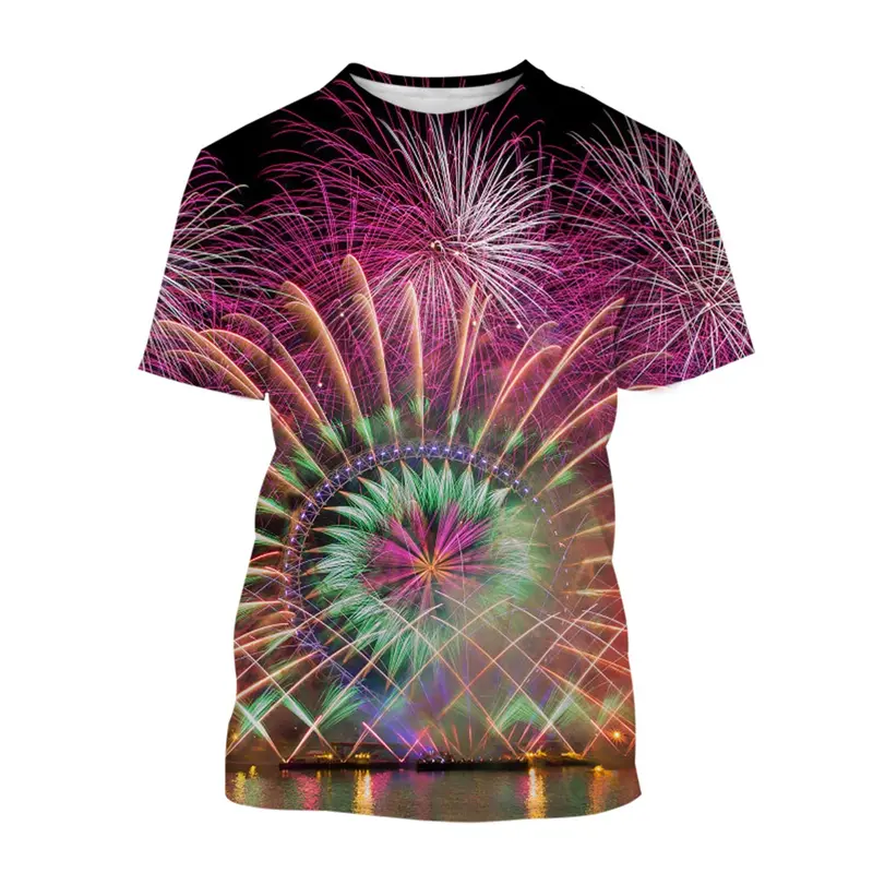 Brilliant Fireworks T-shirt Men's Clothing O Neck Short Sleeves T Shirts 3D Printed Pattern Casual Fashion Street Harajuku Tees
