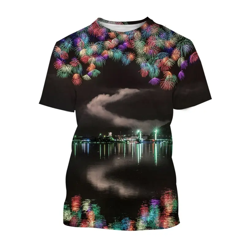 Brilliant Fireworks T-shirt Men's Clothing O Neck Short Sleeves T Shirts 3D Printed Pattern Casual Fashion Street Harajuku Tees