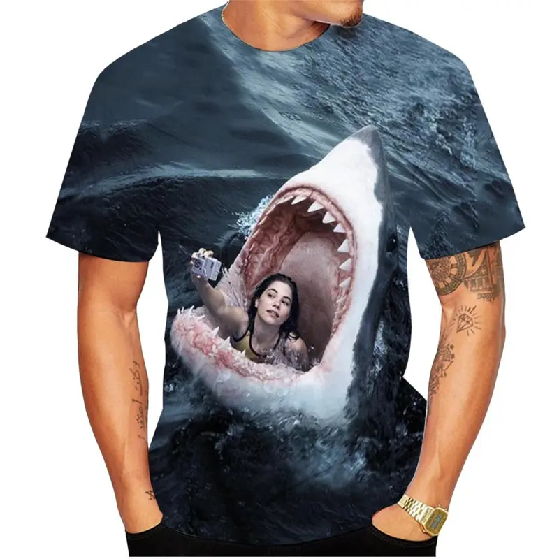 Horror Shark T-shirt Men's Clothing Round Neck T Shirts 3D Printed Sea Animal Outdoor Seaside Holiday Casual Street Tees Tops