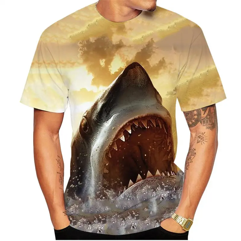 Horror Shark T-shirt Men's Clothing Round Neck T Shirts 3D Printed Sea Animal Outdoor Seaside Holiday Casual Street Tees Tops