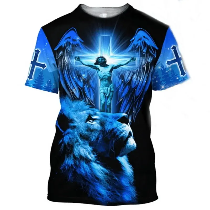 Lion Jesus Pattern T-shirt For Men Retro Round Neck Short Sleeves Tops 3d Printed Christian T Shirt Summer Loose Tee Shirts
