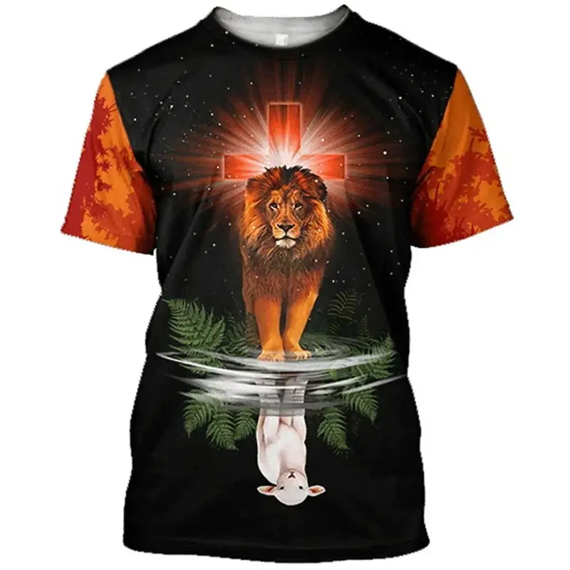 Lion Jesus Pattern T-shirt For Men Retro Round Neck Short Sleeves Tops 3d Printed Christian T Shirt Summer Loose Tee Shirts