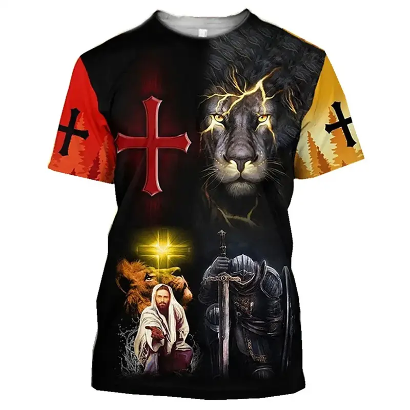 Lion Jesus Pattern T-shirt For Men Retro Round Neck Short Sleeves Tops 3d Printed Christian T Shirt Summer Loose Tee Shirts