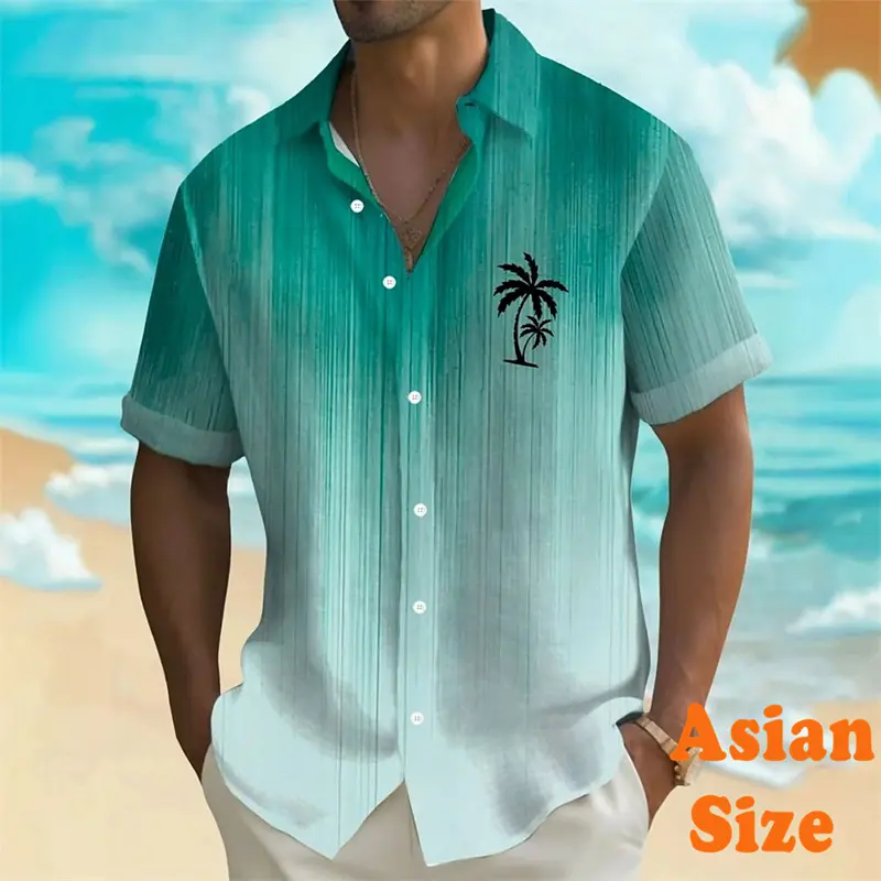 Palm Trees Stripe Gradient Shirts For Men Short Sleeve Lapel Button Leisure Shirts Summer Outdoor Daily Sport Fashion Blouse