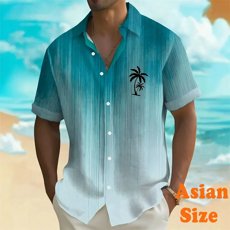 Palm Trees Stripe Gradient Shirts For Men Short Sleeve Lapel Button Leisure Shirts Summer Outdoor Daily Sport Fashion Blouse