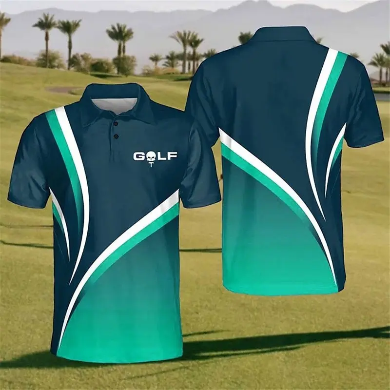 Gradient Stripe Print Golf Shirts Men Clothes Outdoor Sport Breathable Lapel Polo Shirt Multiple Colors Summer Casual Button Top