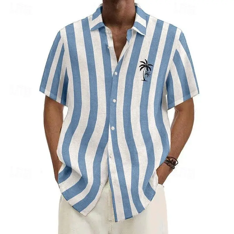 Hawaii Summer Classic Vertical Stripes Shirt For Men Coconut Tree Logo Print Short Sleeve Button Shirts Outdoor Vacation Blouse