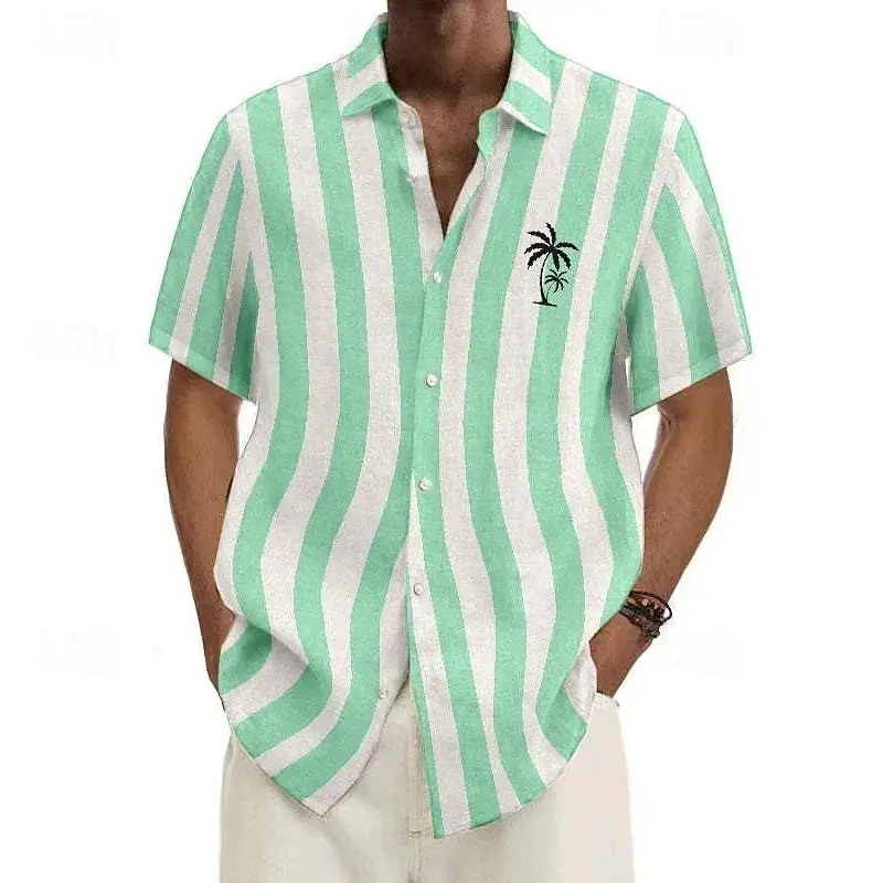 Hawaii Summer Classic Vertical Stripes Shirt For Men Coconut Tree Logo Print Short Sleeve Button Shirts Outdoor Vacation Blouse
