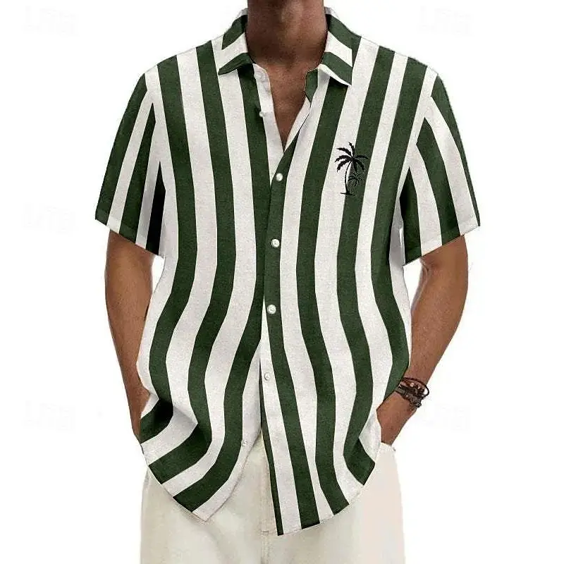 Hawaii Summer Classic Vertical Stripes Shirt For Men Coconut Tree Logo Print Short Sleeve Button Shirts Outdoor Vacation Blouse