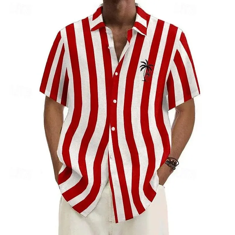 Hawaii Summer Classic Vertical Stripes Shirt For Men Coconut Tree Logo Print Short Sleeve Button Shirts Outdoor Vacation Blouse