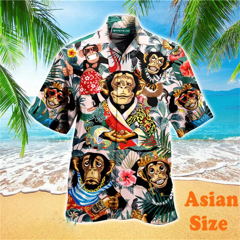 Hip Hop Trend Hawaii Shirt For Men's Clothing Streetwear Monkey Print Short Sleeve Shirts Funny Personality Harajuku Blouse 2025