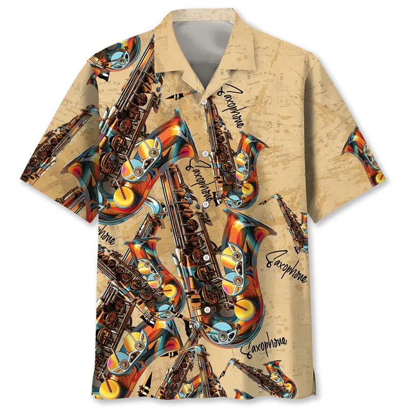 Hawaii Music Style Shirt Vacation Leaves 3d Printed Casual Button Shirts Men's Clothing Retro Colorful Saxophone Leisure Blouse