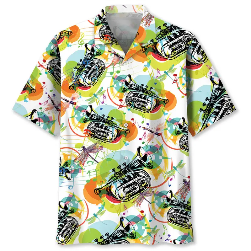 Hawaii Music Style Shirt Vacation Leaves 3d Printed Casual Button Shirts Men's Clothing Retro Colorful Saxophone Leisure Blouse