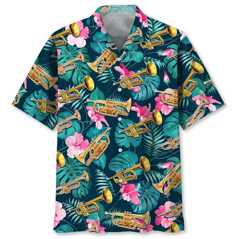 Hawaii Music Style Shirt Vacation Leaves 3d Printed Casual Button Shirts Men's Clothing Retro Colorful Saxophone Leisure Blouse