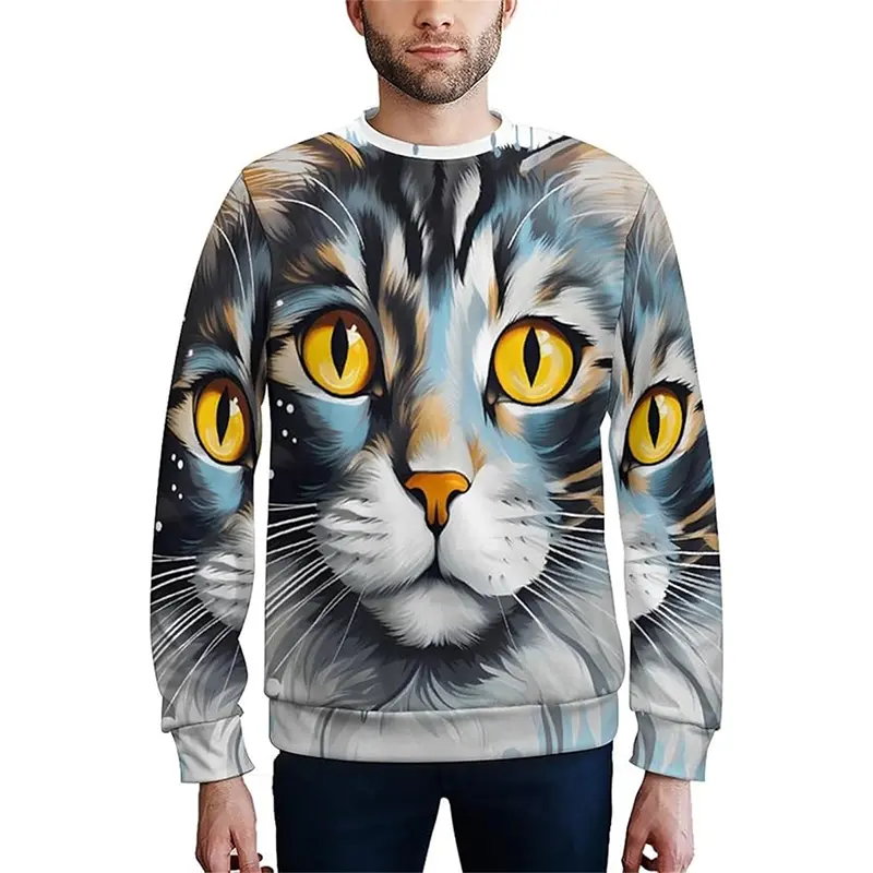 Cartoon Cat Sweatshirt Men's Clothing Cute Animal Print Long Sleeve Pullover Top 2025 Spring Fashion Trend New Men Sweatshirt