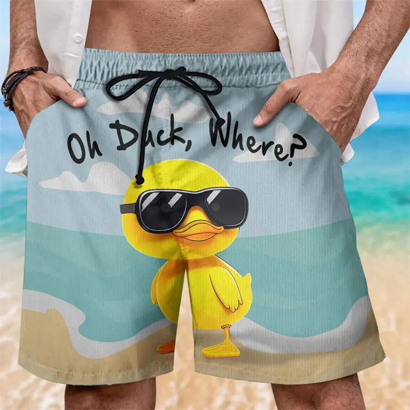 Cute Yellow Duck Print Men Beach Shorts Hawaiian Vacation Leisure Funny Text Board Short Loose Quick Dry Breathable Short Pants