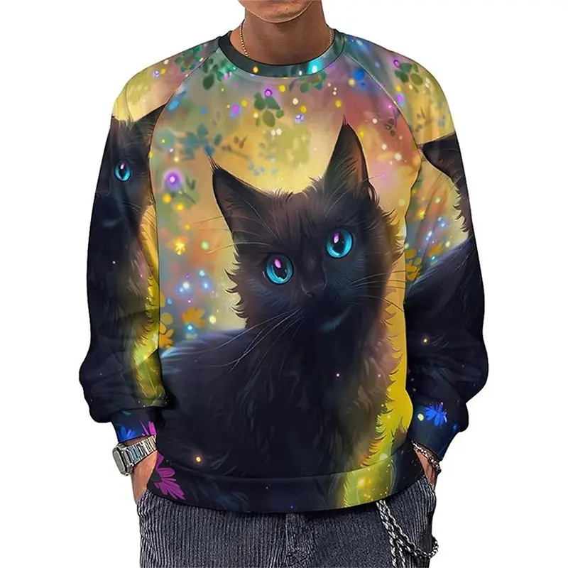 Cartoon Cat Sweatshirt Men's Clothing Cute Animal Print Long Sleeve Pullover Top 2025 Spring Fashion Trend New Men Sweatshirt