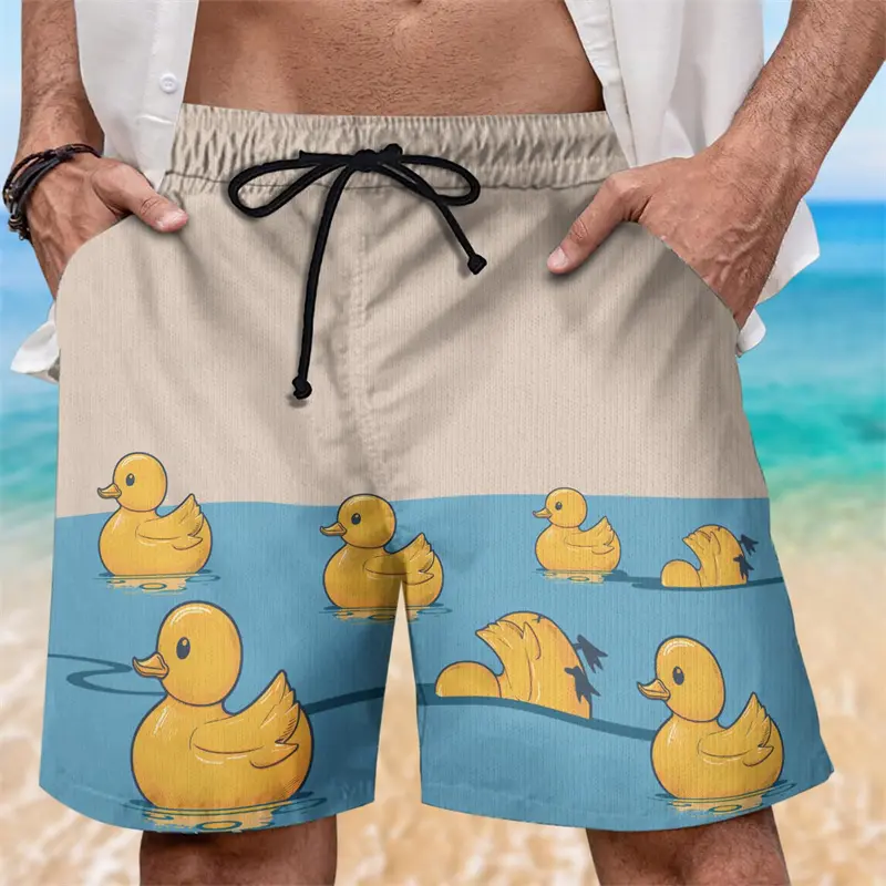 Cute Yellow Duck Print Men Beach Shorts Hawaiian Vacation Leisure Funny Text Board Short Loose Quick Dry Breathable Short Pants