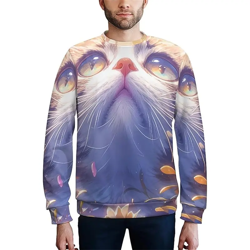 Cartoon Cat Sweatshirt Men's Clothing Cute Animal Print Long Sleeve Pullover Top 2025 Spring Fashion Trend New Men Sweatshirt