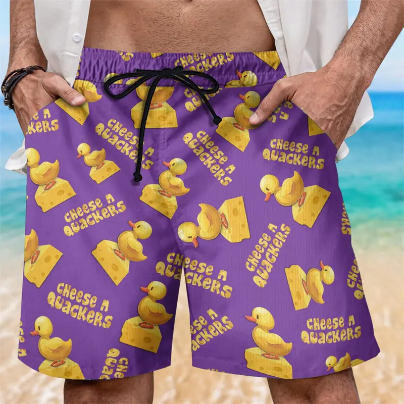 Cute Yellow Duck Print Men Beach Shorts Hawaiian Vacation Leisure Funny Text Board Short Loose Quick Dry Breathable Short Pants