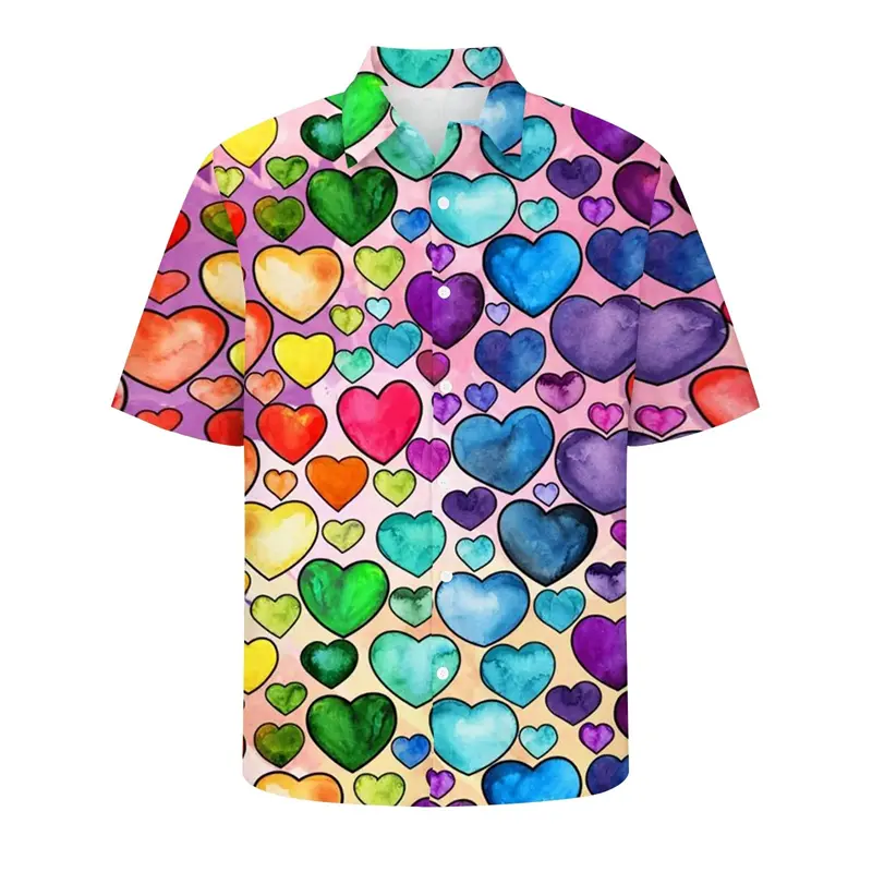 Colorful Love Flowers 3d Printed Shirt Men's Striped Rainbow Gradient Harajuku Shirts Hip Hop Fashion Summer Lapel Button Blouse