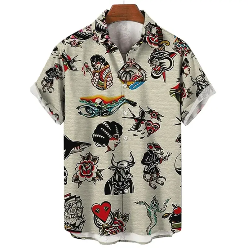 Retro Style 3d Printed Shirt Men's Clothing Character Horror Skeleton Pattern Shirts Harajuku Streetwear Lapel Button Blouse