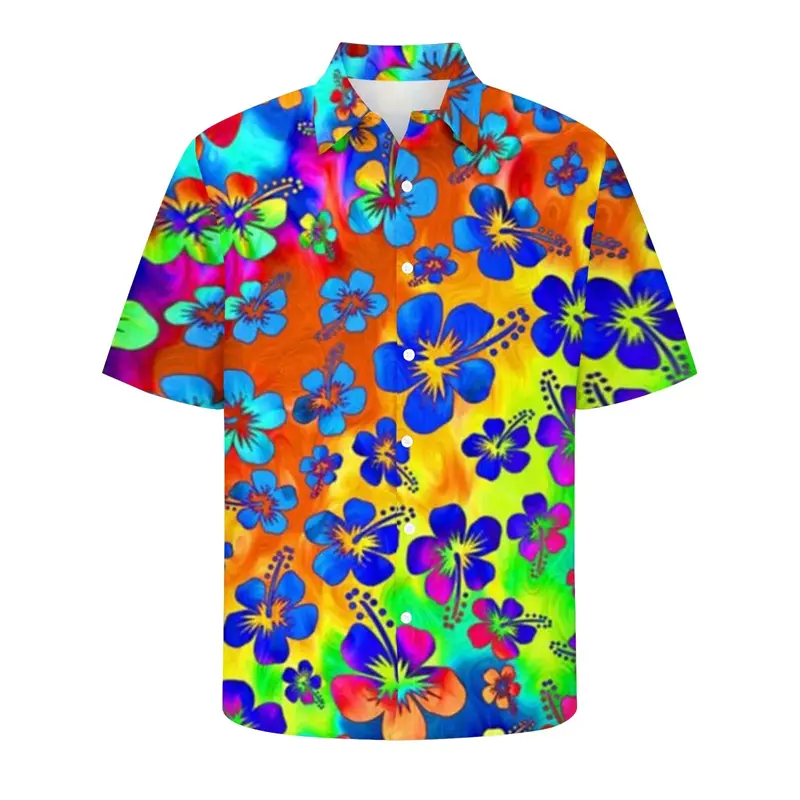Colorful Love Flowers 3d Printed Shirt Men's Striped Rainbow Gradient Harajuku Shirts Hip Hop Fashion Summer Lapel Button Blouse