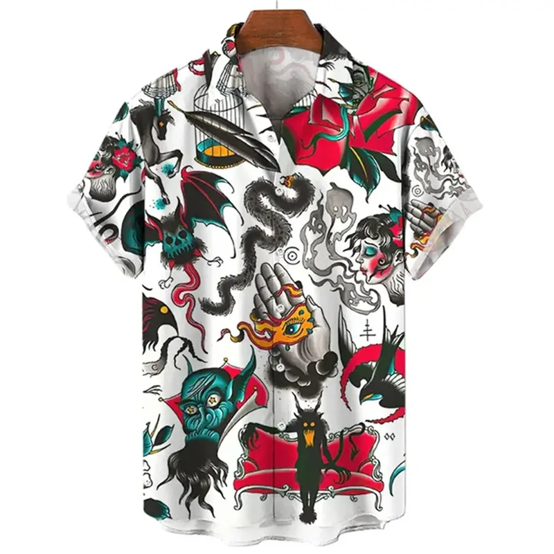 Retro Style 3d Printed Shirt Men's Clothing Character Horror Skeleton Pattern Shirts Harajuku Streetwear Lapel Button Blouse
