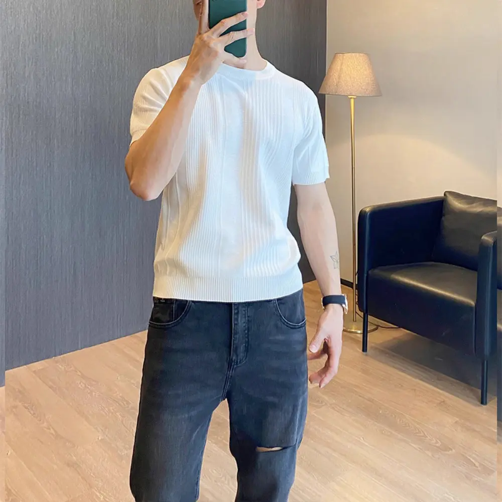 Knitted Short-sleeved T-shirt Men's Solid Color Stripe Summer Casual Half-sleeved Round Neck Heavyweight Bottoming Shirt