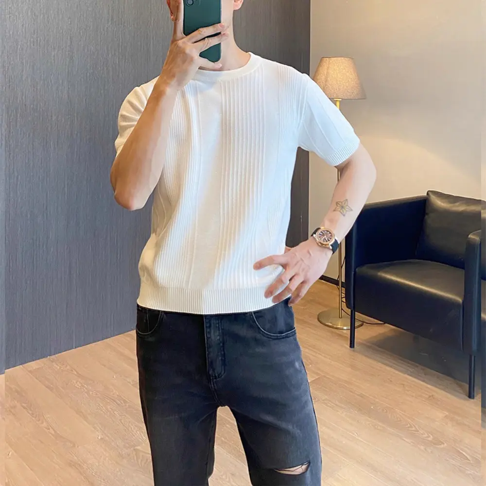 Knitted Short-sleeved T-shirt Men's Solid Color Stripe Summer Casual Half-sleeved Round Neck Heavyweight Bottoming Shirt
