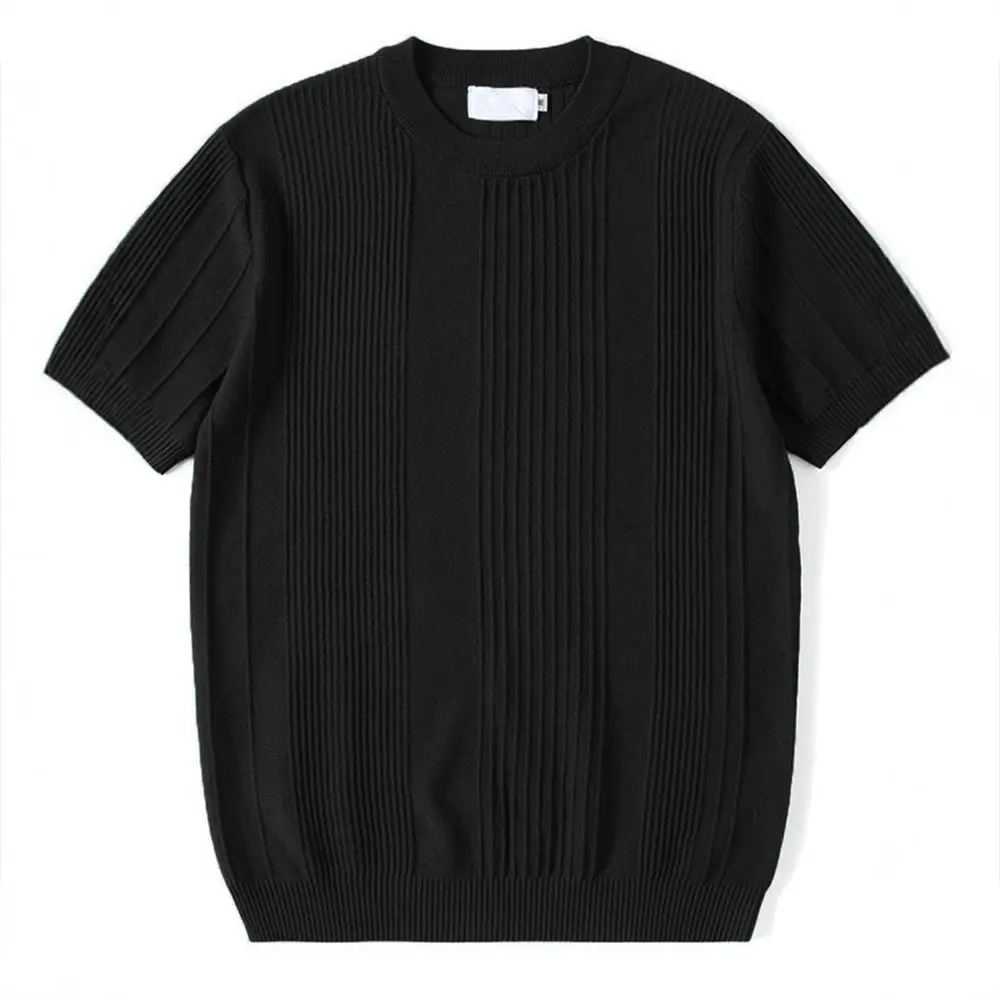Knitted Short-sleeved T-shirt Men's Solid Color Stripe Summer Casual Half-sleeved Round Neck Heavyweight Bottoming Shirt