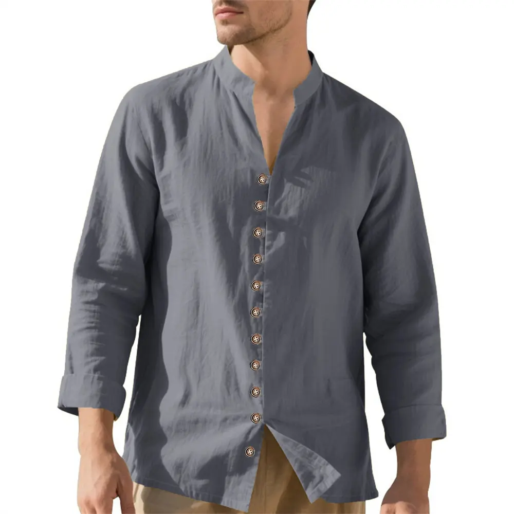Cotton Linen Long Sleeve Shirt for Men Solid Color Casual Button Top Breathable Lightweight Cozy Shirt Henly Neck Male Shirts