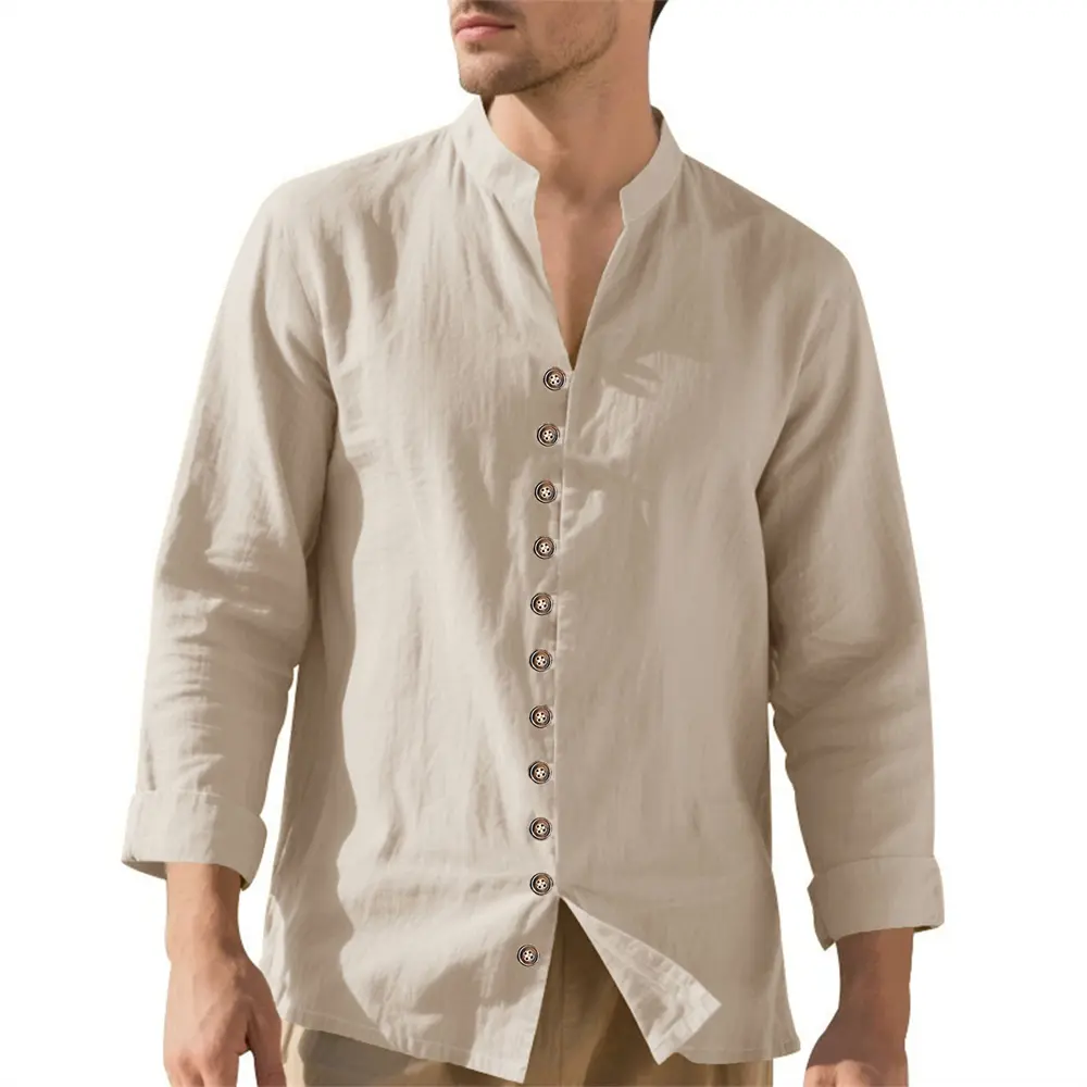 Cotton Linen Long Sleeve Shirt for Men Solid Color Casual Button Top Breathable Lightweight Cozy Shirt Henly Neck Male Shirts