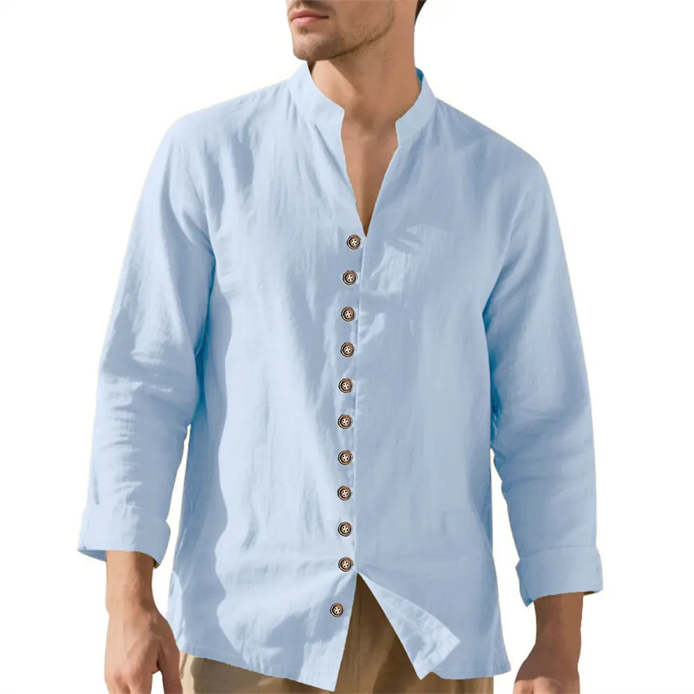 Cotton Linen Long Sleeve Shirt for Men Solid Color Casual Button Top Breathable Lightweight Cozy Shirt Henly Neck Male Shirts