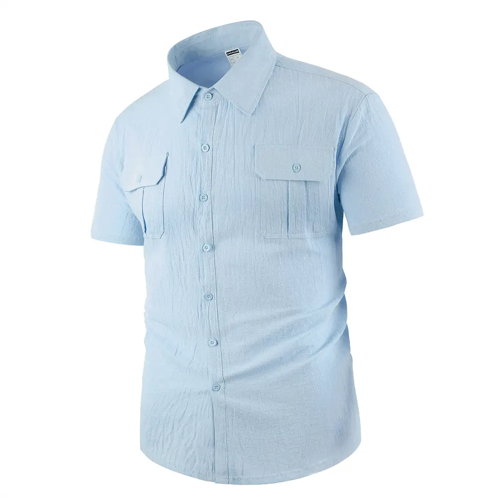 Cotton Linen Men's Shirt Double Pocket Solid Color Cargo Short Sleeve Shirts Single Breasted Simple Style Lightweight Tops