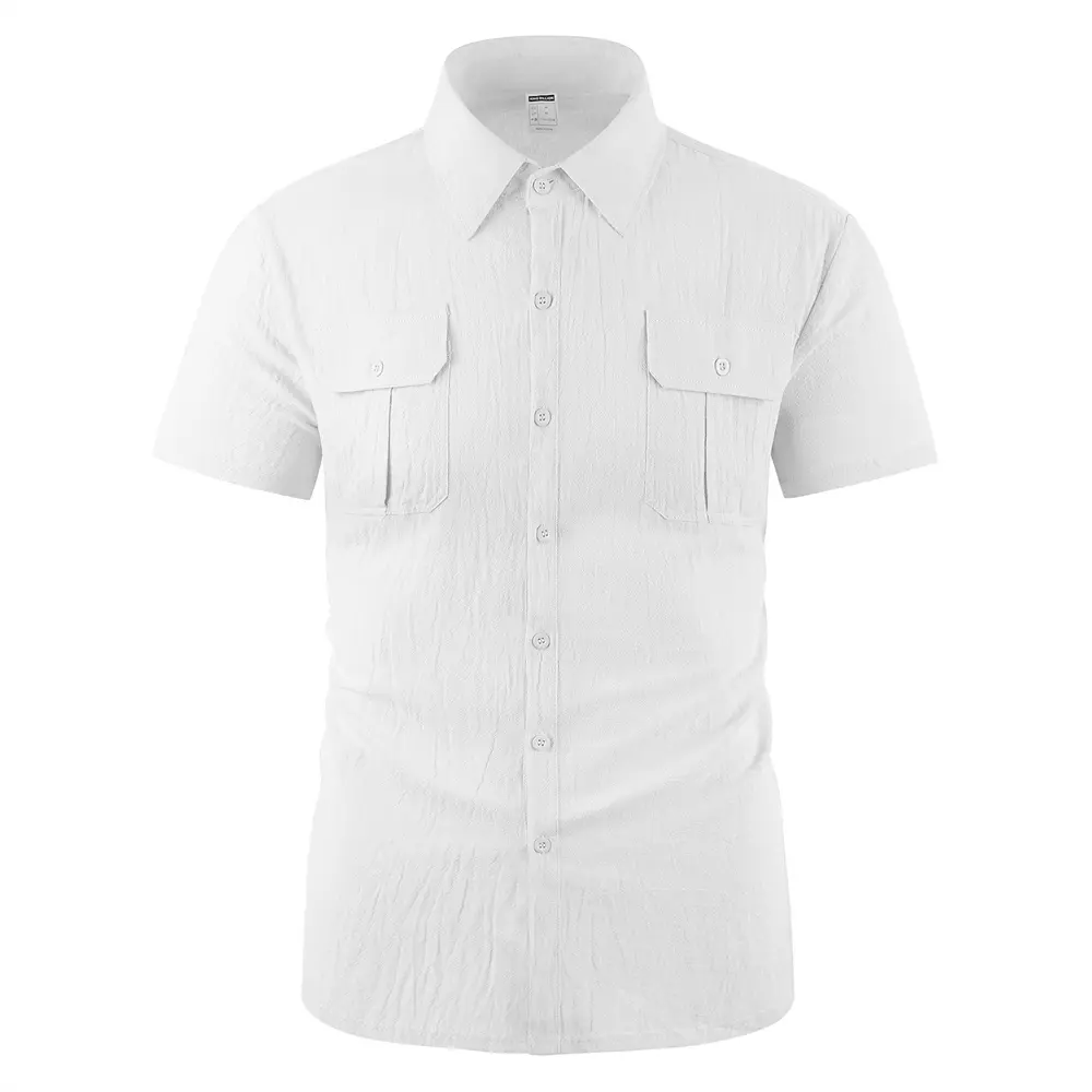 Cotton Linen Men's Shirt Double Pocket Solid Color Cargo Short Sleeve Shirts Single Breasted Simple Style Lightweight Tops