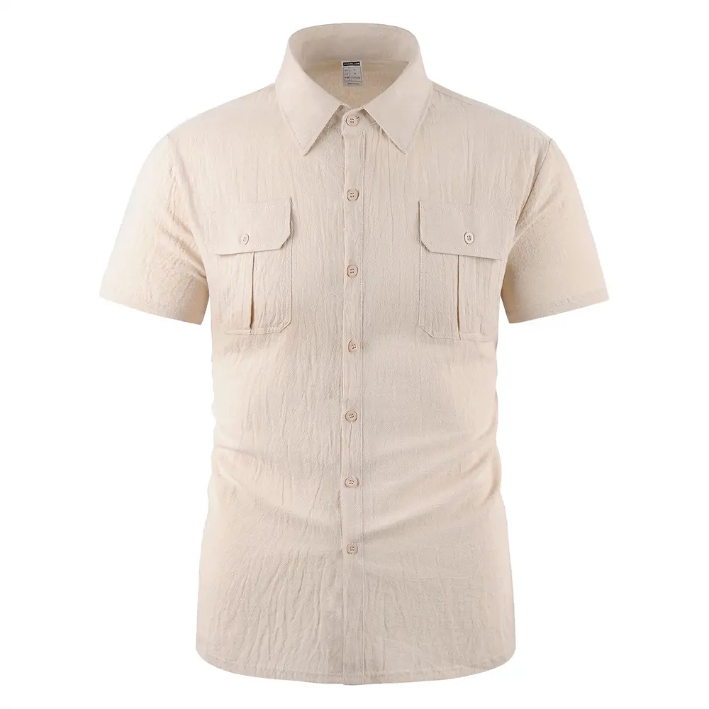 Cotton Linen Men's Shirt Double Pocket Solid Color Cargo Short Sleeve Shirts Single Breasted Simple Style Lightweight Tops