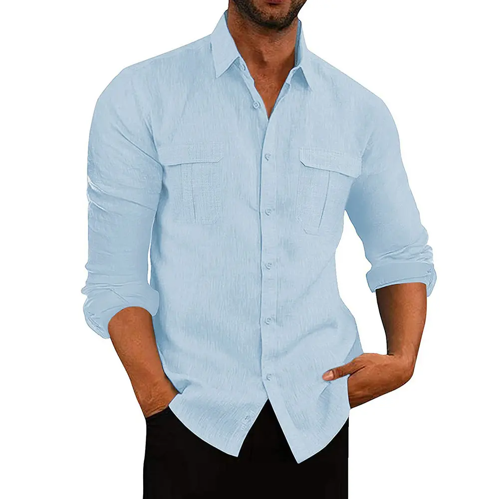 Men's Cotton Linen Double Pocket Long Sleeve Shirt Casual Breathable Shirt Lapel Solid Color Male Tops Autumn Versatile Blouses
