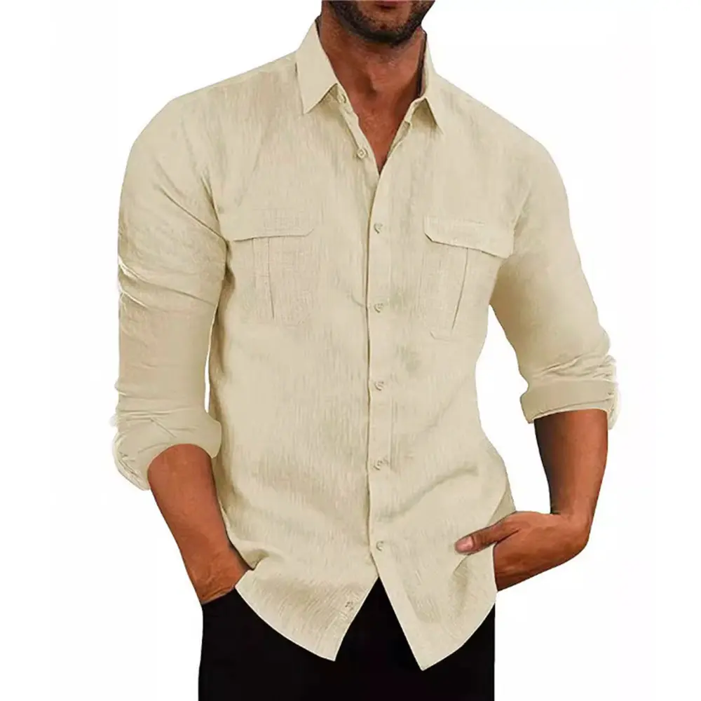 Men's Cotton Linen Double Pocket Long Sleeve Shirt Casual Breathable Shirt Lapel Solid Color Male Tops Autumn Versatile Blouses