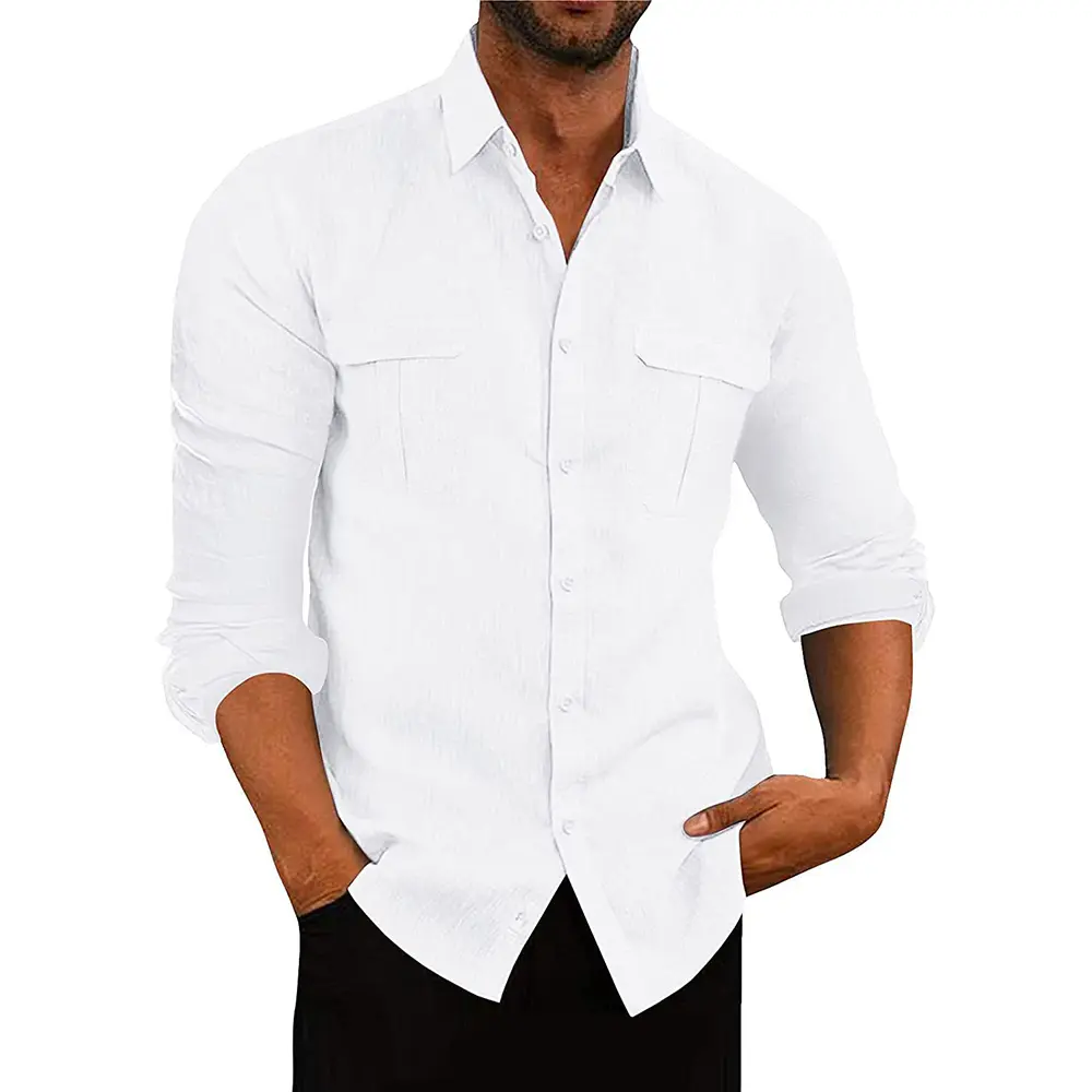 Men's Cotton Linen Double Pocket Long Sleeve Shirt Casual Breathable Shirt Lapel Solid Color Male Tops Autumn Versatile Blouses