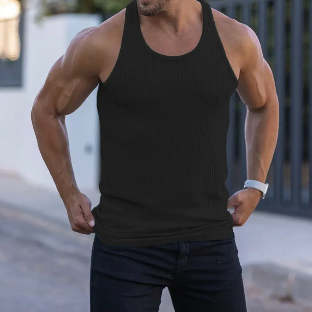 Mens Striped Tank Tops Solid Color Summer Sleeveless Tops Lightweight Skin-frindenly Casual Cozy Fitness Tees