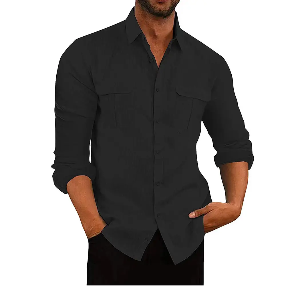 Men's Cotton Linen Double Pocket Long Sleeve Shirt Casual Breathable Shirt Lapel Solid Color Male Tops Autumn Versatile Blouses