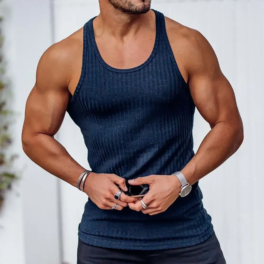 Mens Striped Tank Tops Solid Color Summer Sleeveless Tops Lightweight Skin-frindenly Casual Cozy Fitness Tees