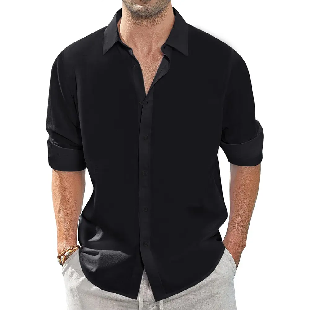 Spring Summer Long Sleeve Shirt for Men Solid Color Casual Dailywear Lightweight Comfortable Lapel Tops Vacation Shirts