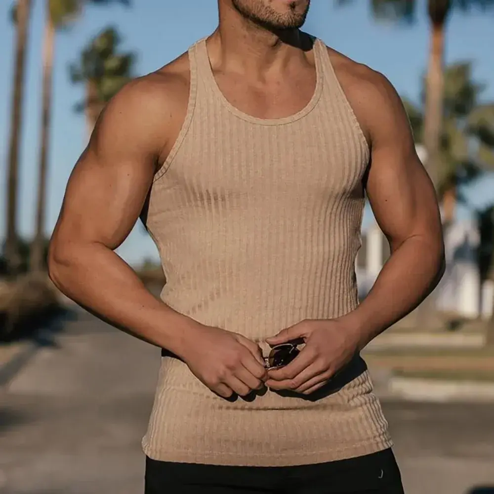Mens Striped Tank Tops Solid Color Summer Sleeveless Tops Lightweight Skin-frindenly Casual Cozy Fitness Tees