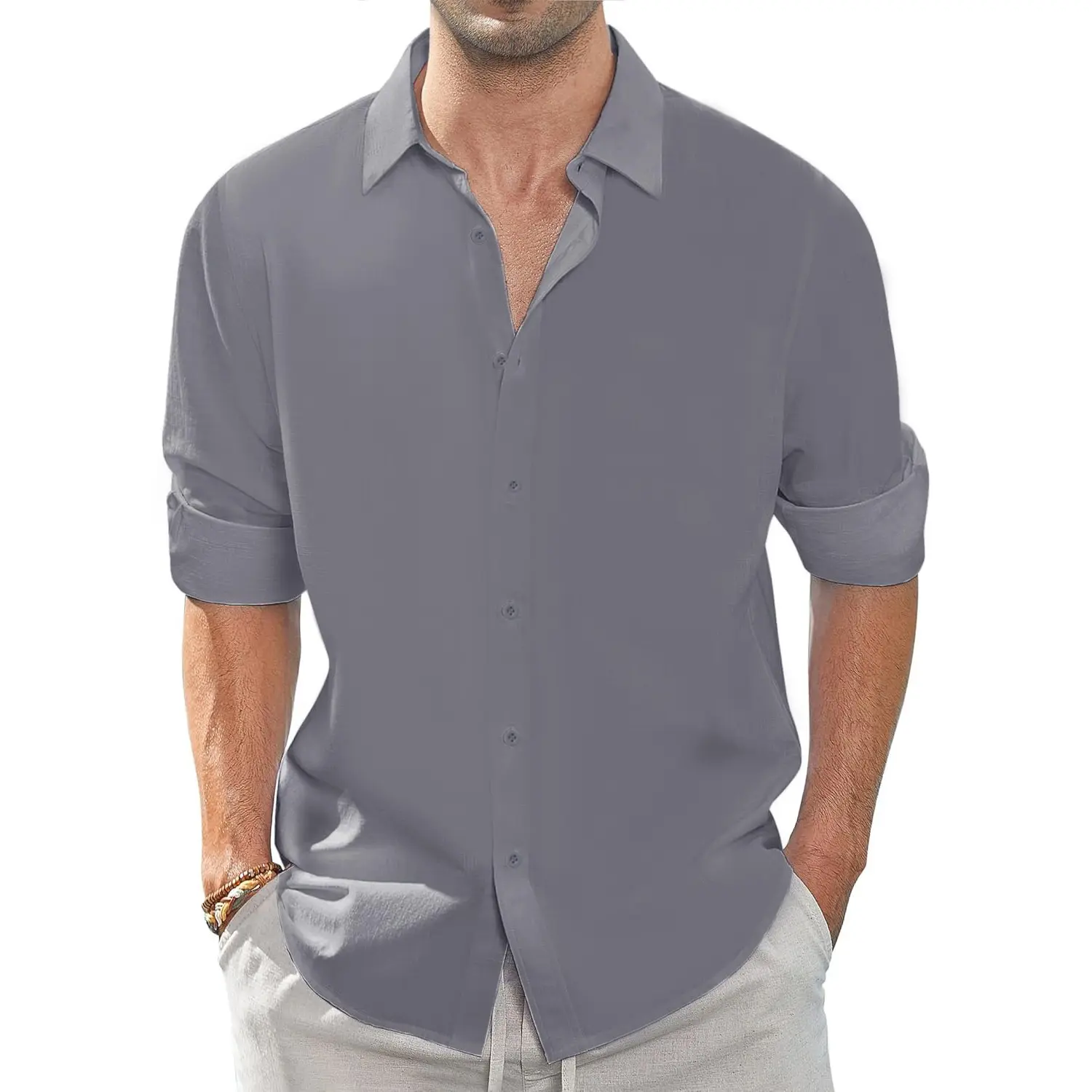 Spring Summer Long Sleeve Shirt for Men Solid Color Casual Dailywear Lightweight Comfortable Lapel Tops Vacation Shirts