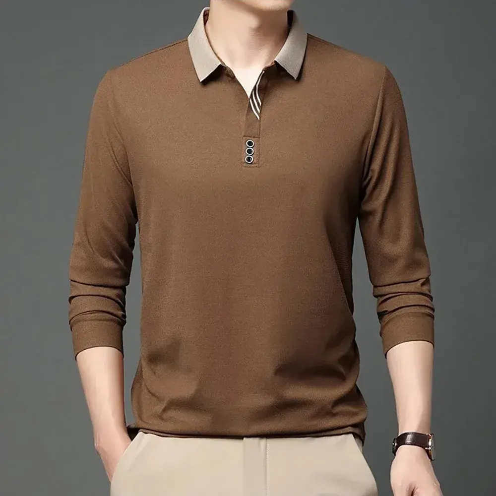 Men's Long Sleeve Polo Shirt Breathable Slim Fit Turn-down Collar T-Shirt Casual Basic Style Male Fashion Tops Contrast Color