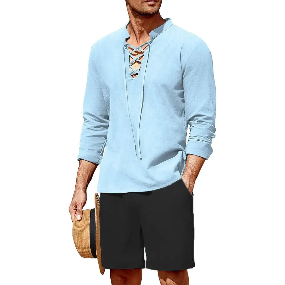 2 Pieces Men's Cotton Linen Set Summer Beach Outfit Henley Yoga Lace Up Long Sleeve Shirt and Short Hawaiian Shirts Summer
