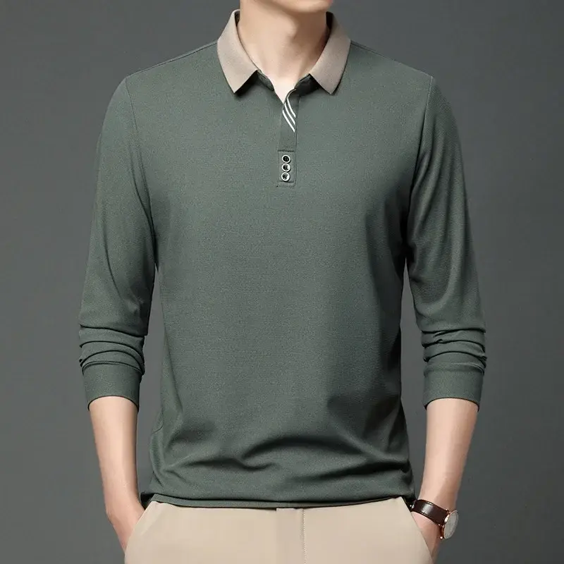 Men's Long Sleeve Polo Shirt Breathable Slim Fit Turn-down Collar T-Shirt Casual Basic Style Male Fashion Tops Contrast Color
