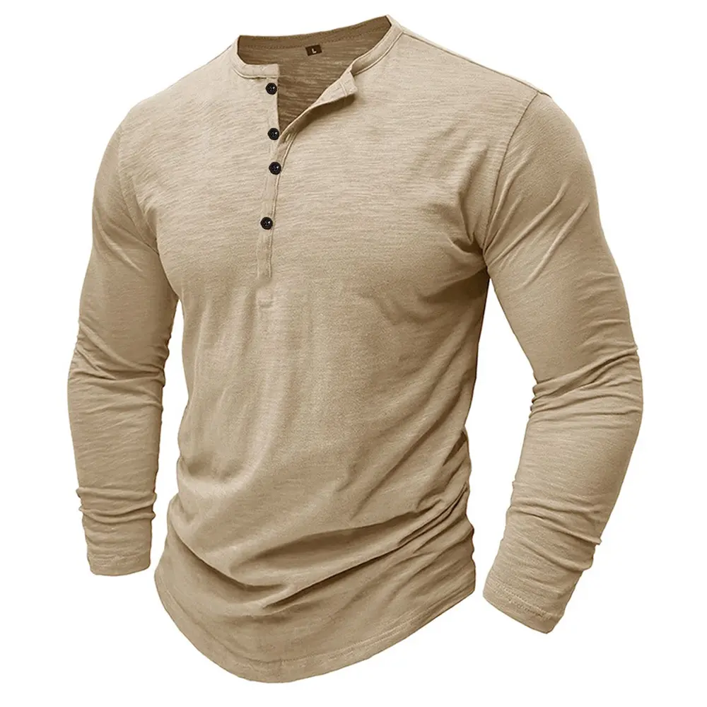 Men‘s Henley Neck Long Sleeve T-shirt Casual Breathable Lightweight Cotton Tops Male Solid Color Cozy Button Tees